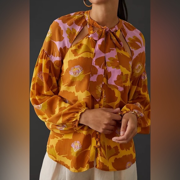 Anthropologie Gold Long Sleeve Tie Front Blouse - Picture 1 of 4